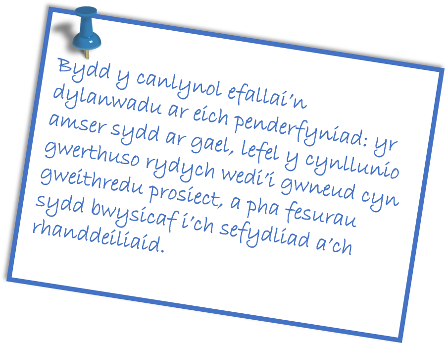 Bydd y canlynol efallai’n dylanwadu ar eich penderfyniad: yr amser sydd ar gael, lefel y cynllunio gwerthuso rydych wedi’i gwneud cyn gweithredu prosiect, a pha fesurau sydd bwysicaf i’ch sefydliad a’ch